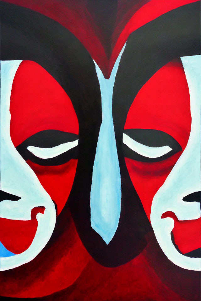 Stylized red and black face with white butterfly silhouette in abstract painting