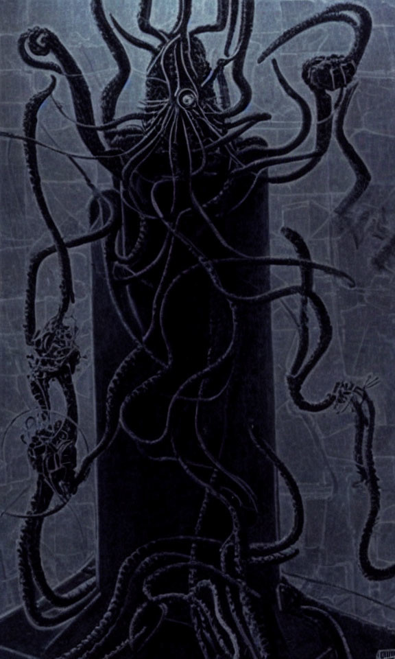 Dark abstract art with central figure and tentacle-like extensions on textured background