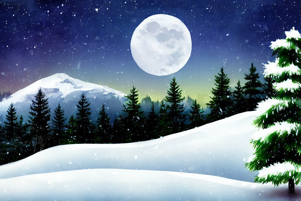 Snowy Night Landscape with Full Moon, Evergreens, and Mountains