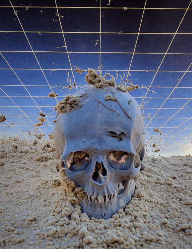 Skull buried in blue sand with grid lines in the sky