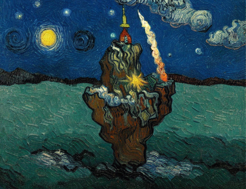 Stylized painting of rocky outcrop with red tower under starry night sky