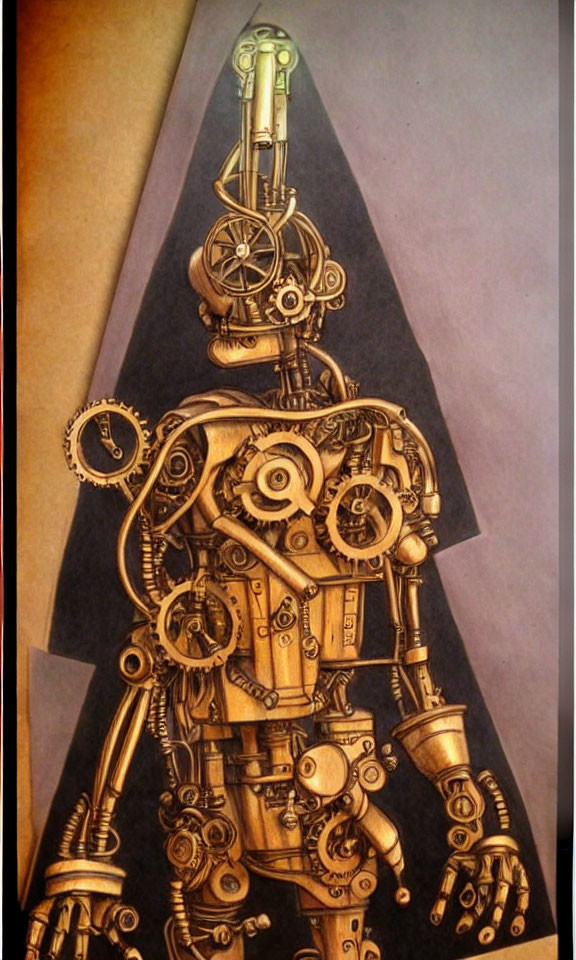 Detailed Steampunk Robot Drawing with Gears on Brown Background
