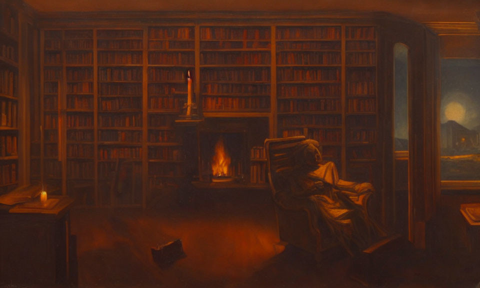 Dimly-lit library with fireplace, leather armchair, and night sky view.