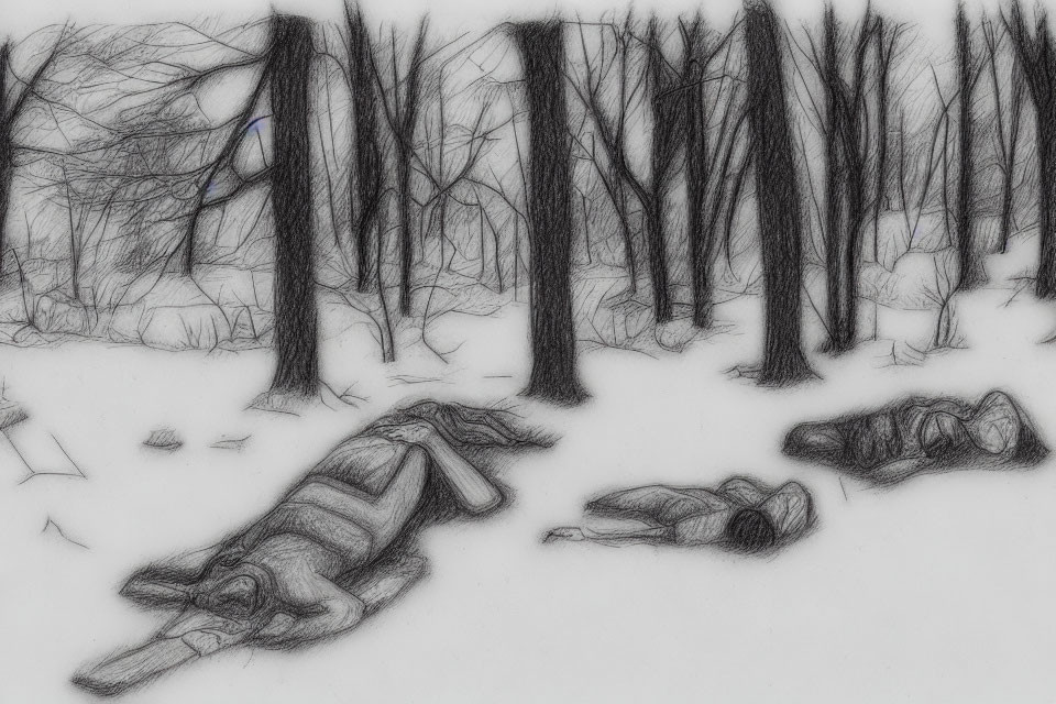 Winter Scene: Pencil Sketch of Bare Trees and Figures on Snow-covered Ground