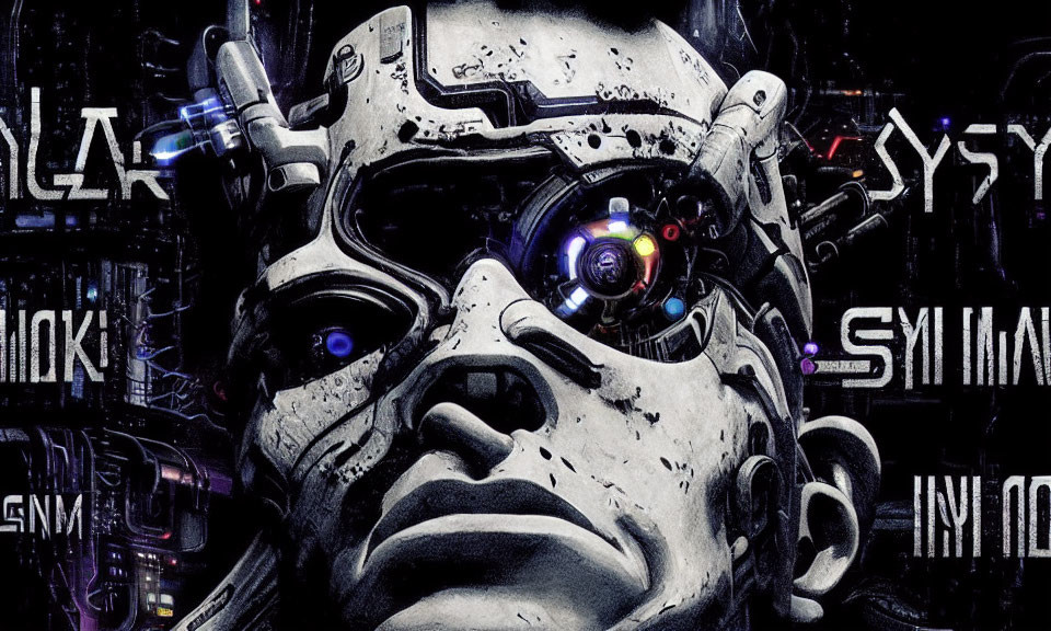 Detailed Cybernetic Face with Glowing Eye and Digital Background