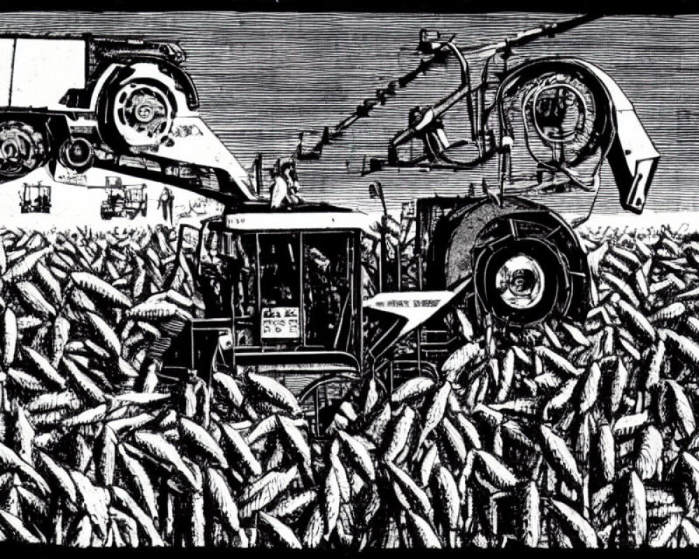 Detailed black and white harvester in cornfield