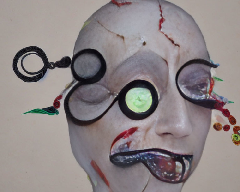 Abstract surreal artwork featuring face with round glasses, multiple eyes, colorful accents, and blood-like streaks