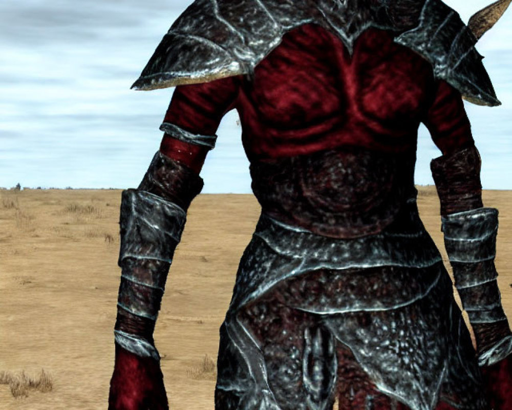 Dark-armored character with dragon-like helmet in barren landscape