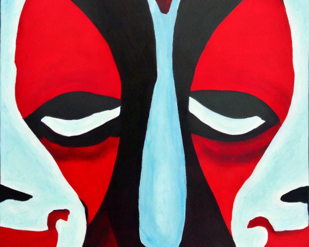 Stylized red and black face with white butterfly silhouette in abstract painting