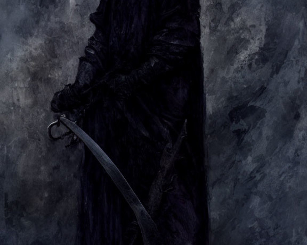 Mysterious figure in tattered robes with scythe and glowing eyes