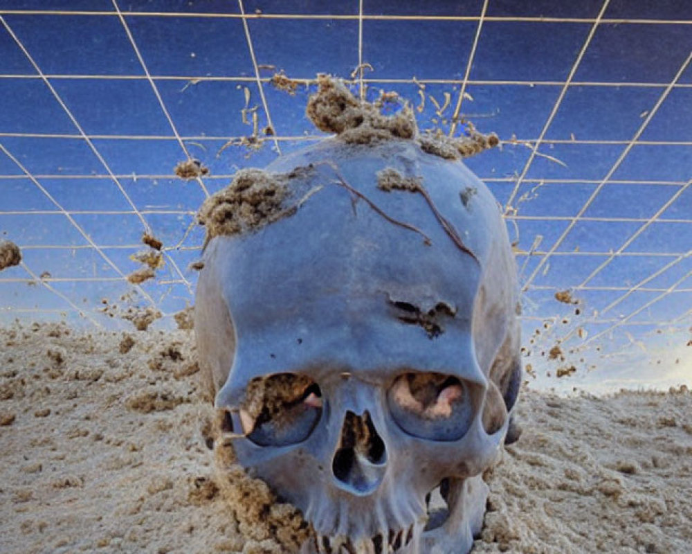 Skull buried in blue sand with grid lines in the sky