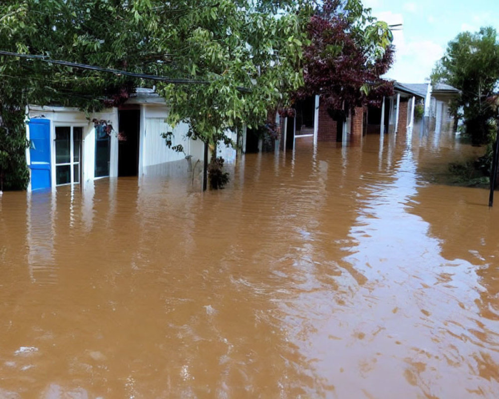 Submerged Residential Area with Flooded Streets and Rooftops