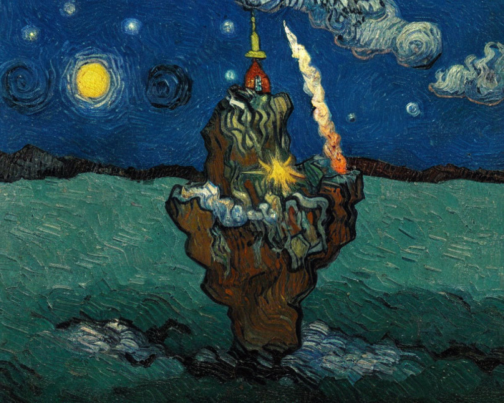 Stylized painting of rocky outcrop with red tower under starry night sky