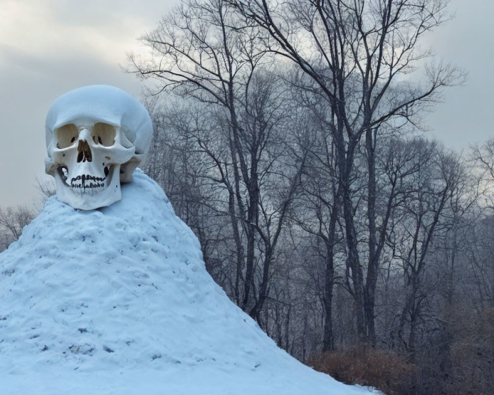 Detailed snow skull sculpture in wintry landscape