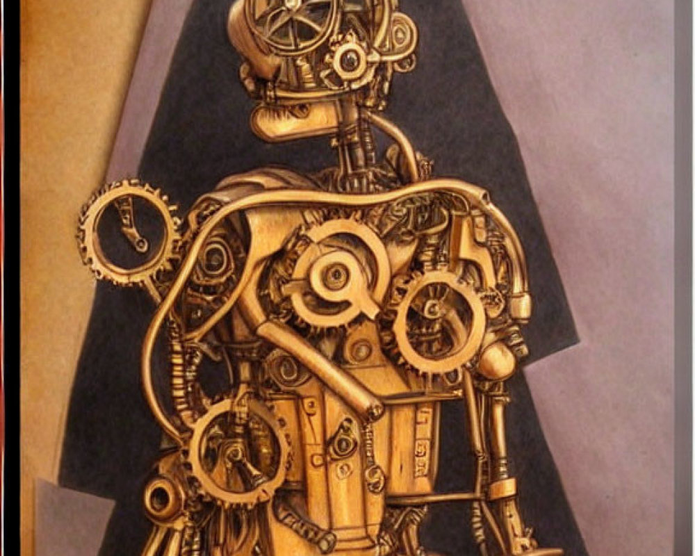 Detailed Steampunk Robot Drawing with Gears on Brown Background