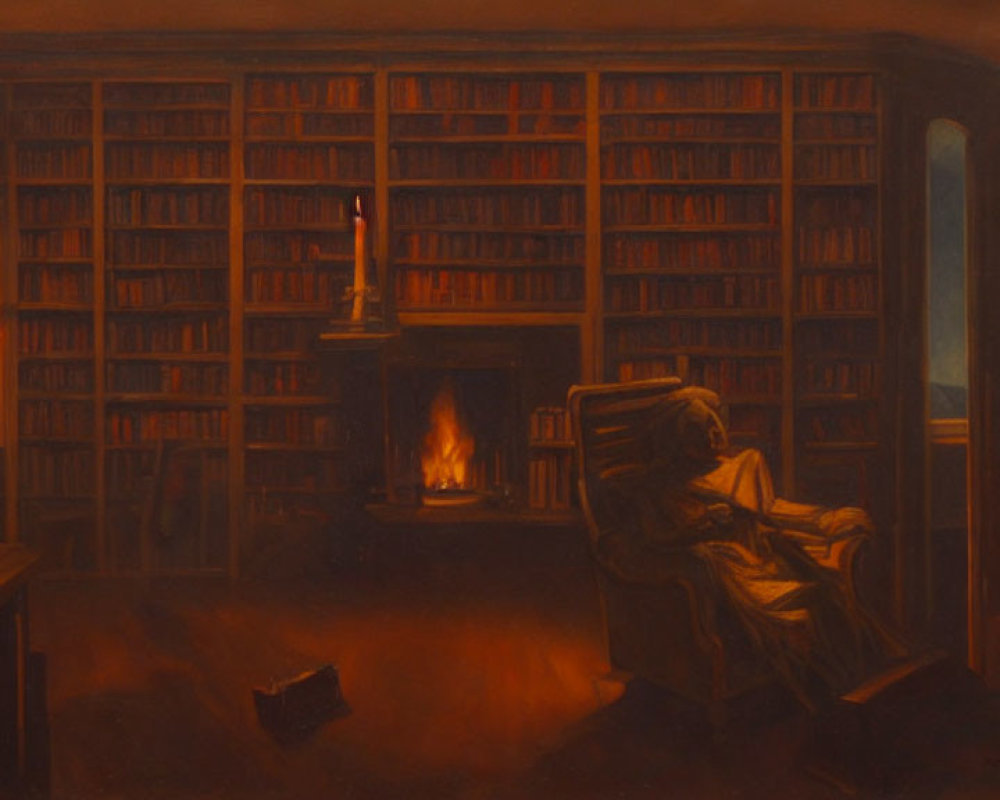 Dimly-lit library with fireplace, leather armchair, and night sky view.