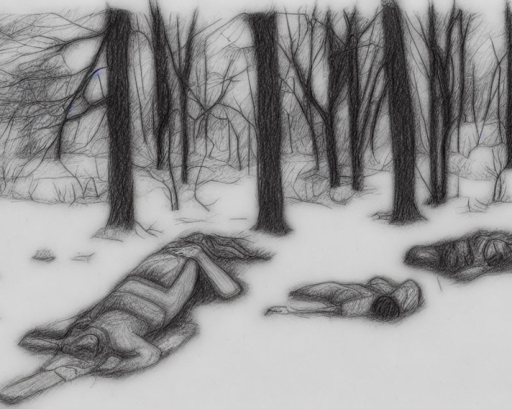 Winter Scene: Pencil Sketch of Bare Trees and Figures on Snow-covered Ground