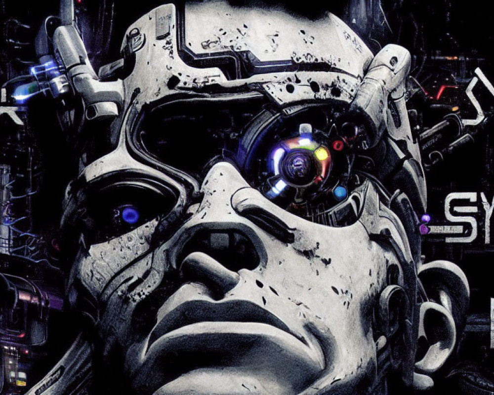 Detailed Cybernetic Face with Glowing Eye and Digital Background