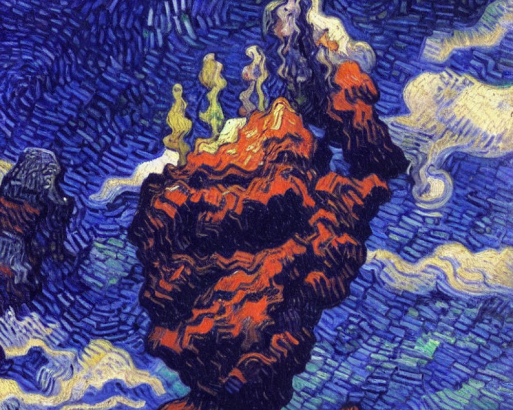 Impressionist-style painting of starry night sky over flame-like mountain