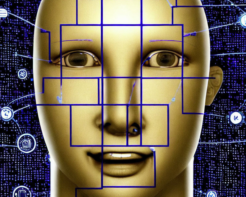 Golden humanoid face with blue grid lines and digital icons on binary code background