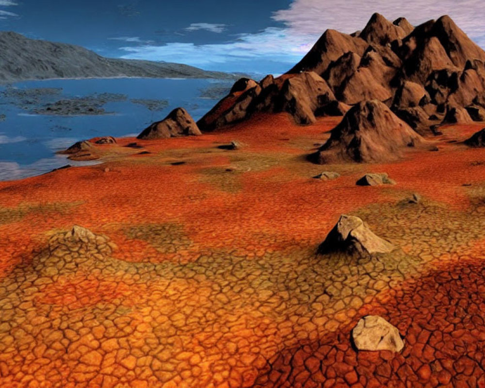 Barren Landscape with Cracked Orange Soil and Mountains against Clear Sky