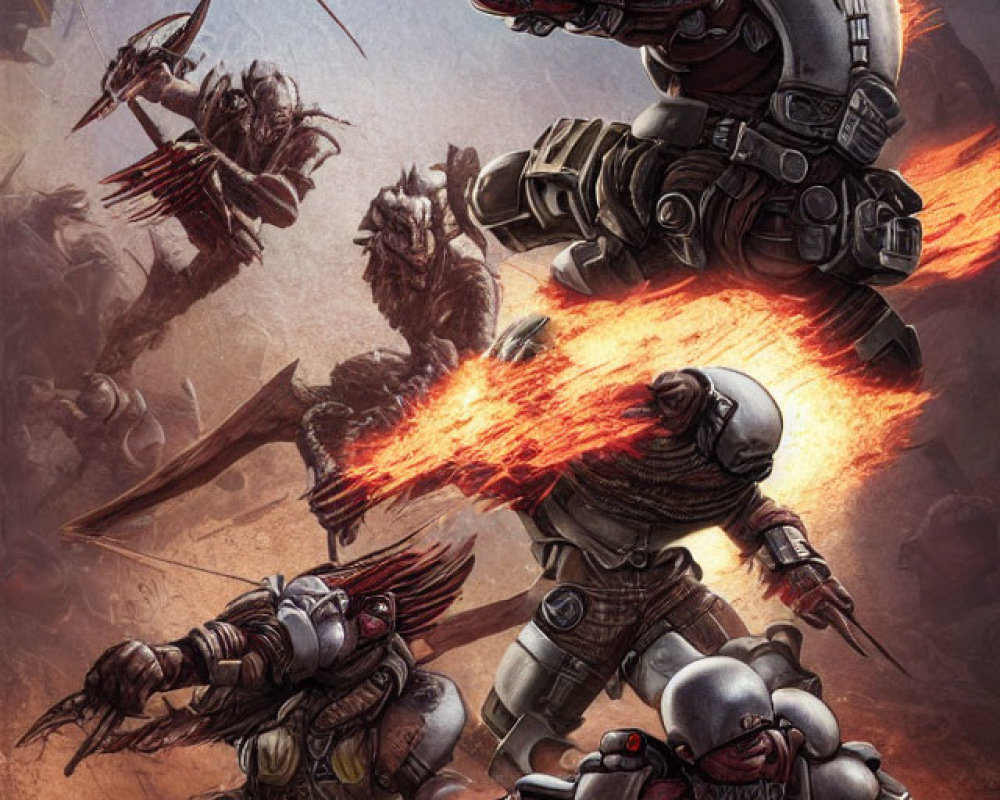 Futuristic soldiers in heavy armor battling beast-like adversaries on chaotic battlefield