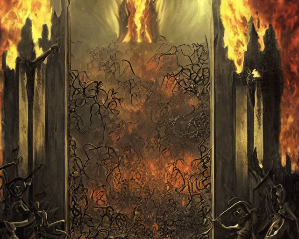 Fiery Gateway with Tormented Figures and Sinister Light