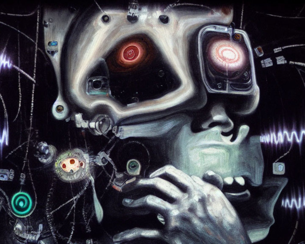 Surreal Human-Like Figure with Mechanical Eyes and Technological Components on Dark Background