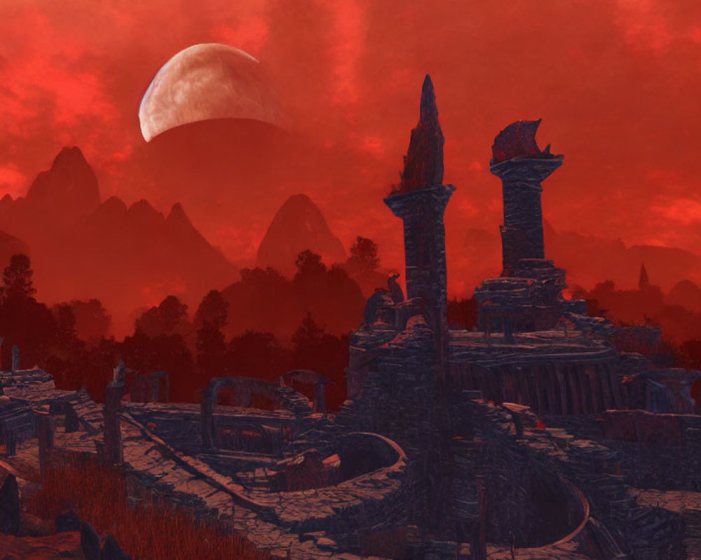 Dystopian landscape at dusk with ruins, red skies, moon, and mountains