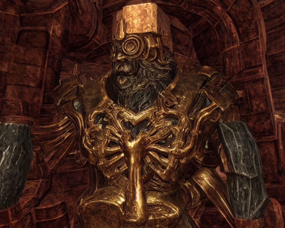 Detailed Gold and Black Ornate Armor in Dimly Lit Rustic Interior