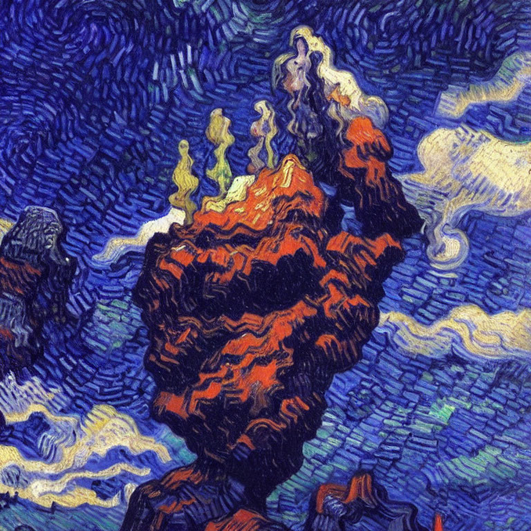 Impressionist-style painting of starry night sky over flame-like mountain