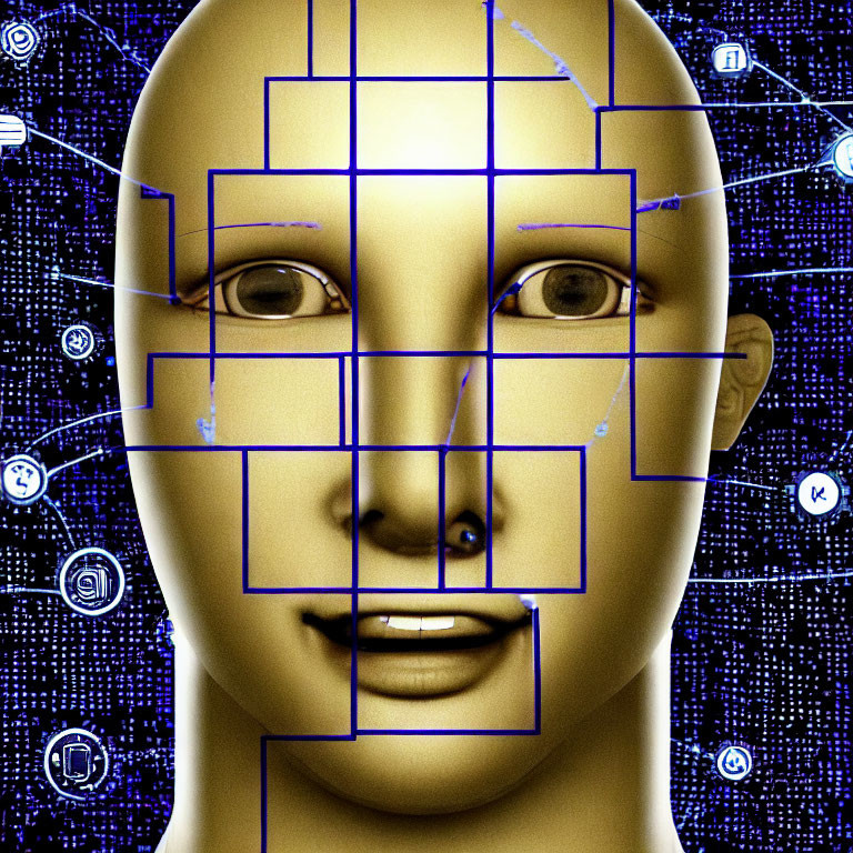 Golden humanoid face with blue grid lines and digital icons on binary code background