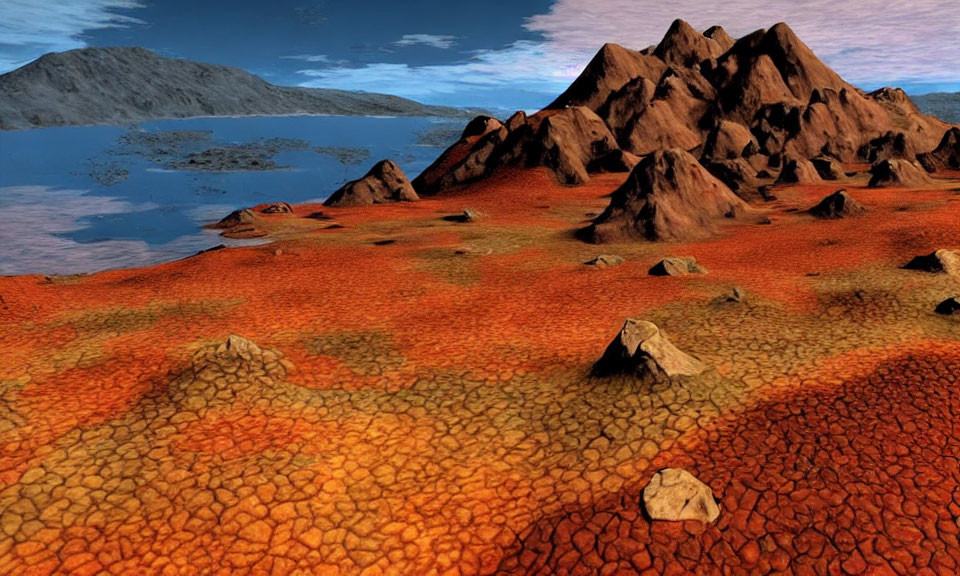 Barren Landscape with Cracked Orange Soil and Mountains against Clear Sky