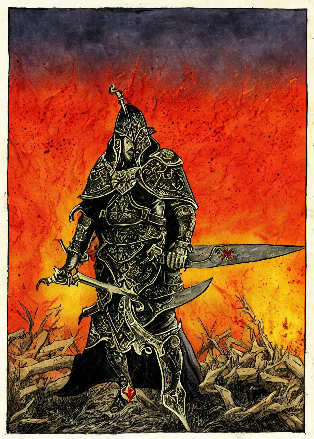 Armored warrior with sword in fiery battlefield landscape