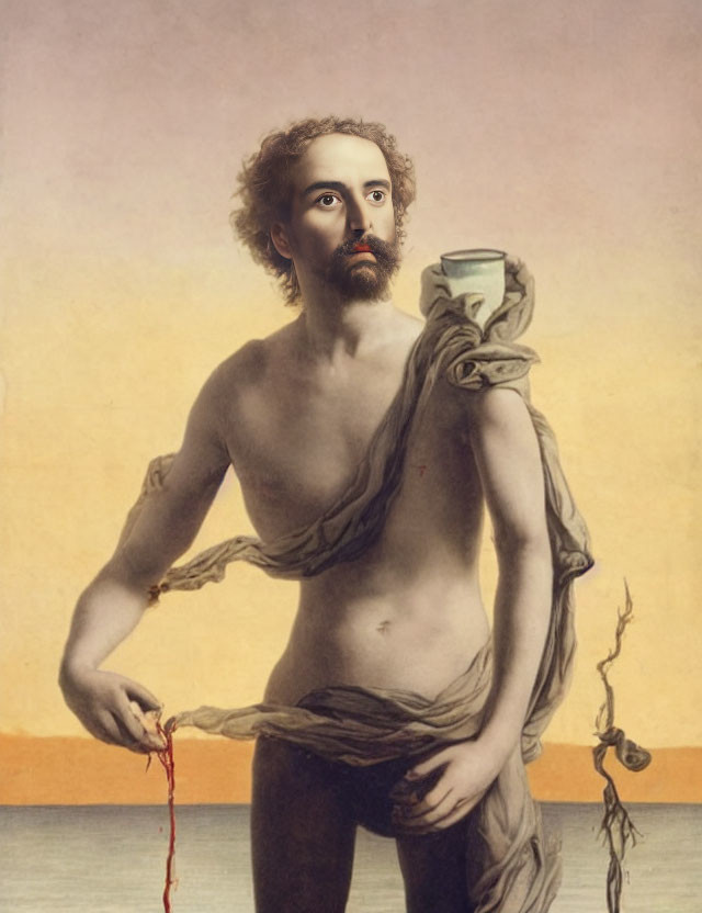 Digital art: Classical painting merged with modern man's head holding a coffee cup at sunset