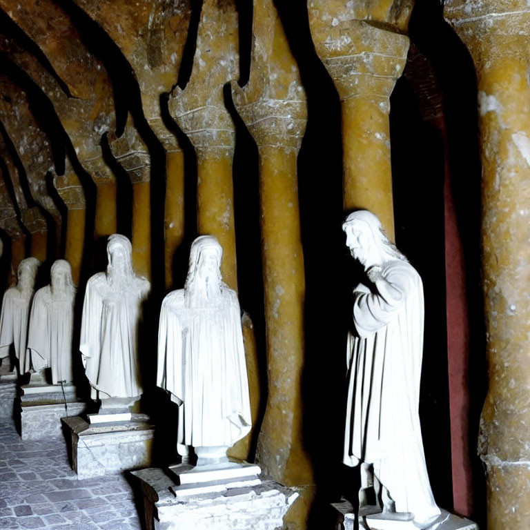 White statues of robed figures in dimly lit arcade with arched entrances