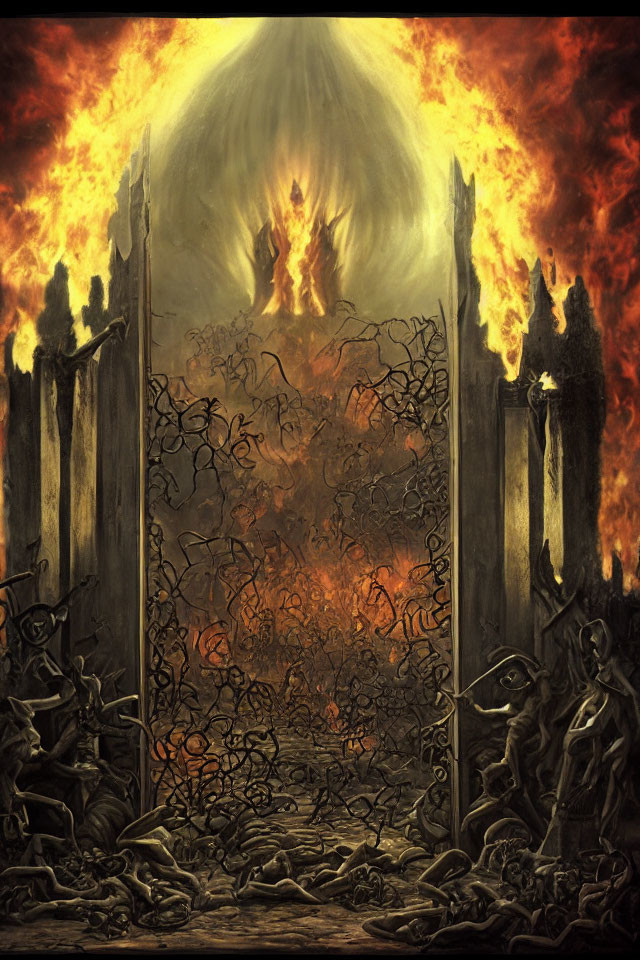 Fiery Gateway with Tormented Figures and Sinister Light