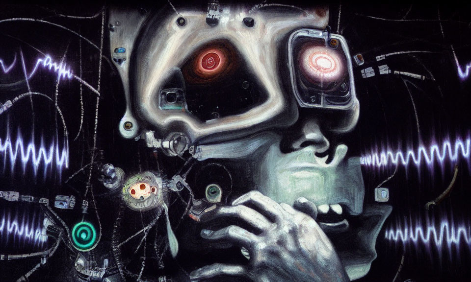 Surreal Human-Like Figure with Mechanical Eyes and Technological Components on Dark Background