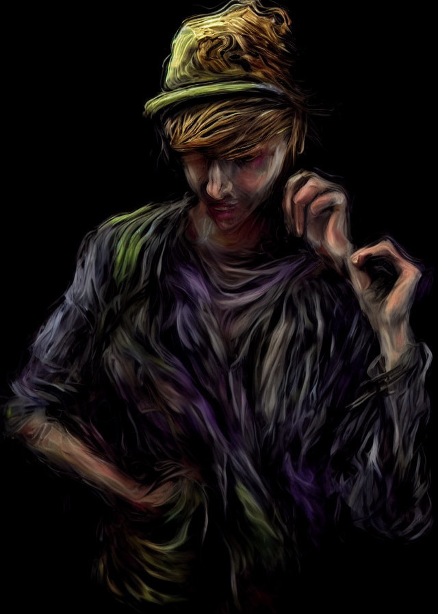 Colorful Brushstroke Art: Portrait of Person in Beanie on Dark Background