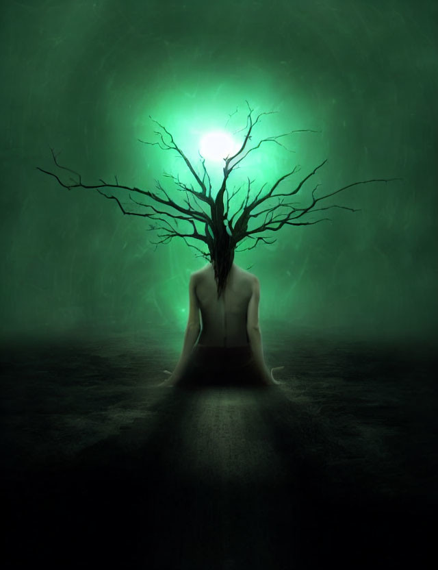 Person with tree trunk head and glowing sphere above in surreal image