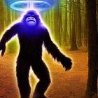 Digital artwork: Glowing blue-eyed creature in mystical forest