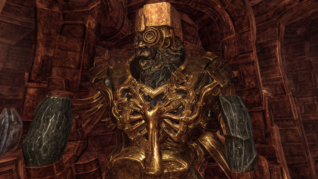 Detailed Gold and Black Ornate Armor in Dimly Lit Rustic Interior