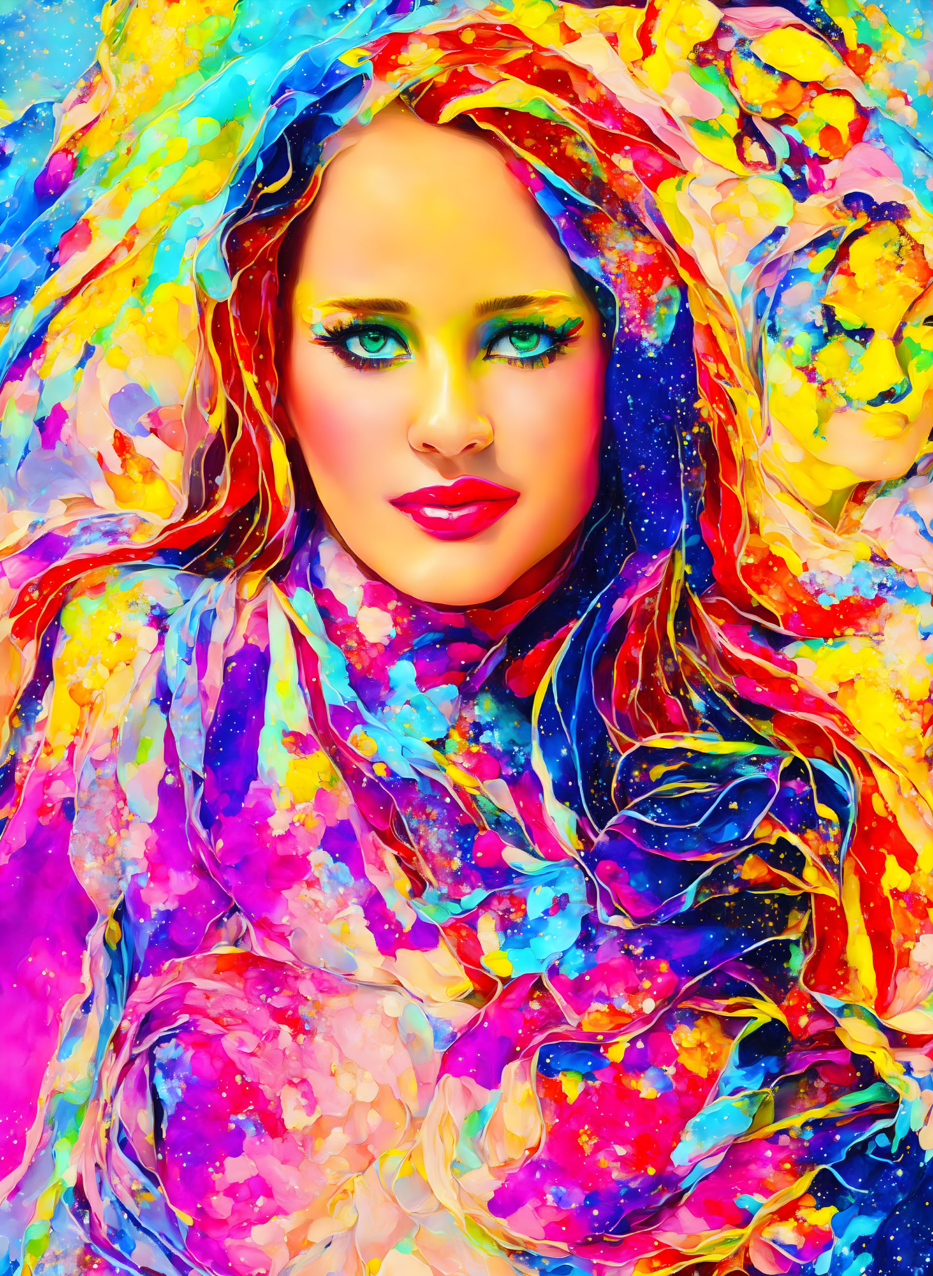 Colorful Abstract Portrait of Woman with Flowing Hair and Striking Eyes