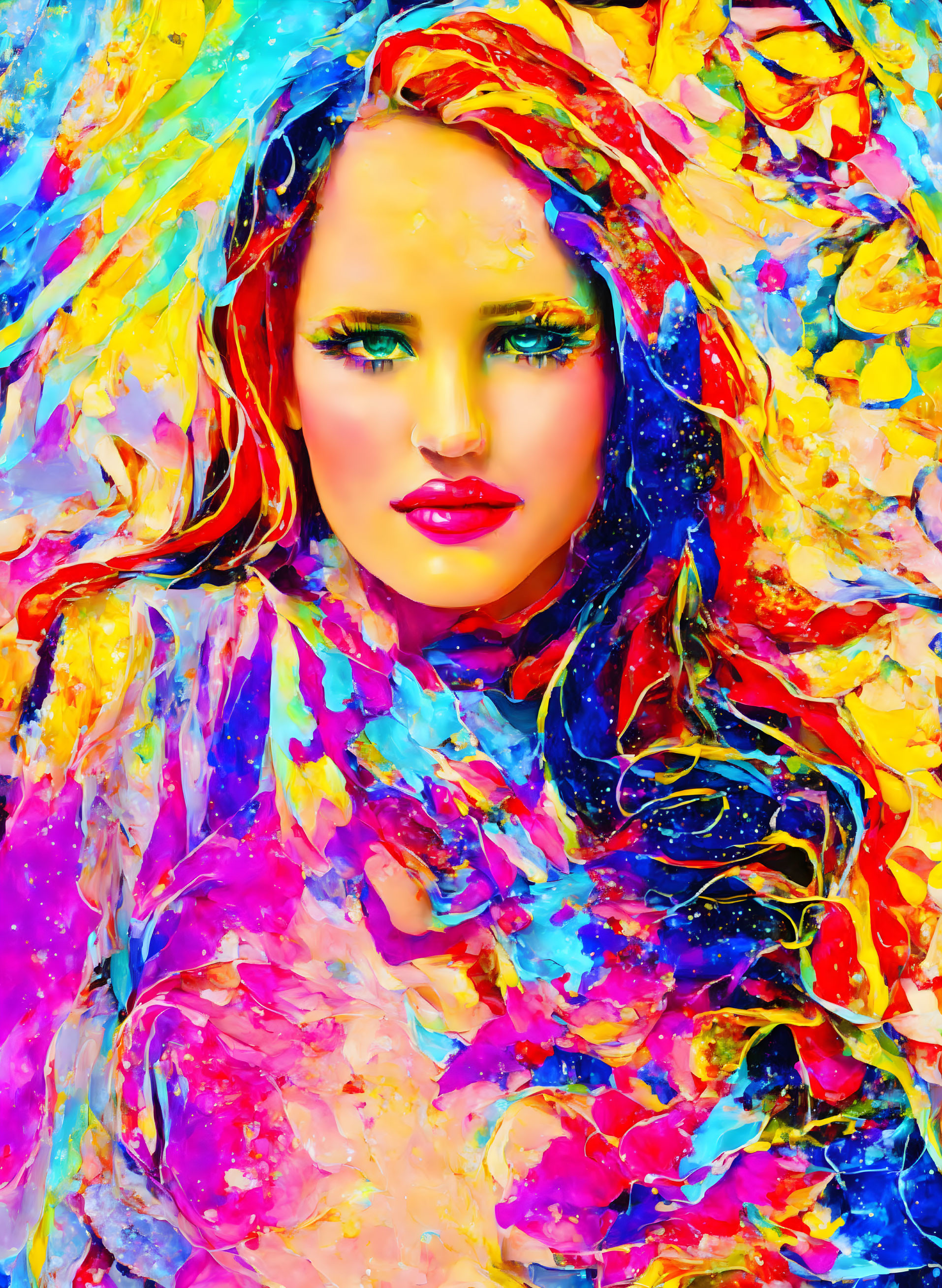 Colorful Abstract Portrait of Woman in Blue, Yellow, Pink, and Red