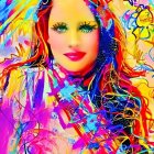 Colorful Abstract Portrait of Woman with Flowing Hair and Striking Eyes