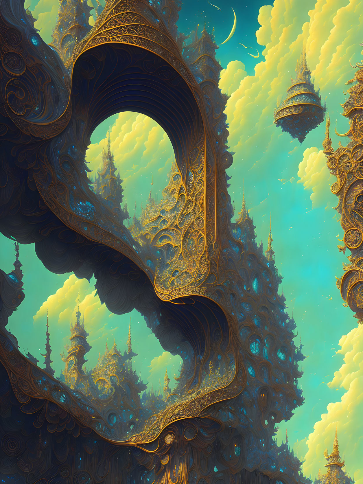 Fantastical landscape with golden structures, floating islands, teal sky