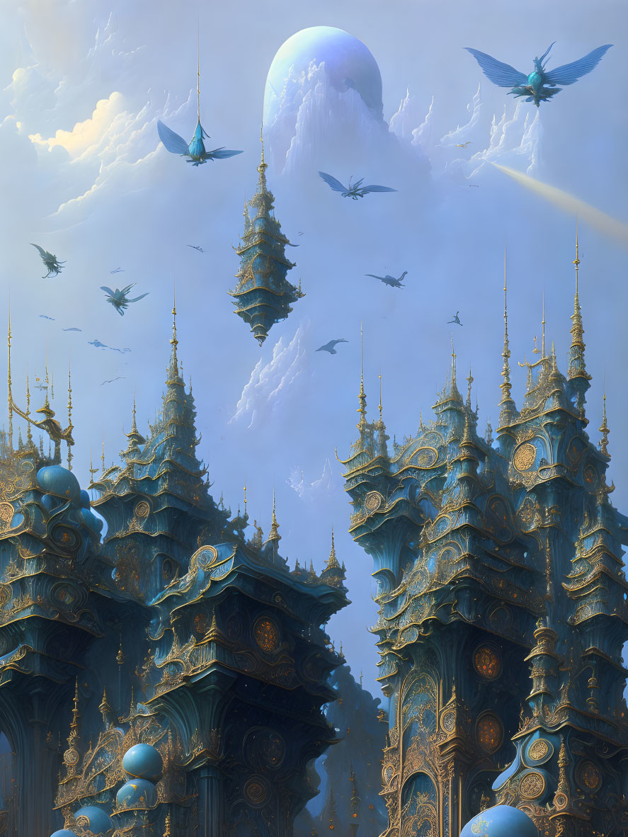 Fantasy scene: Intricate spires, floating islands, airships, and moon