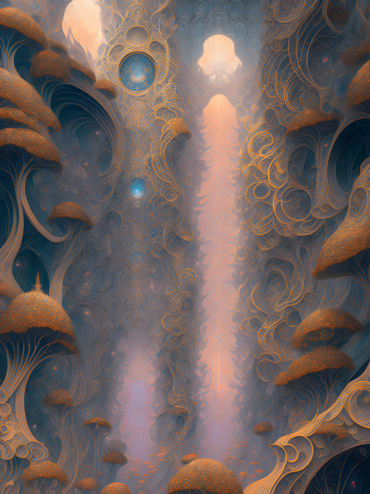 Surreal fractal forest with swirling patterns and mushroom shapes in orange, blue, and cream hues