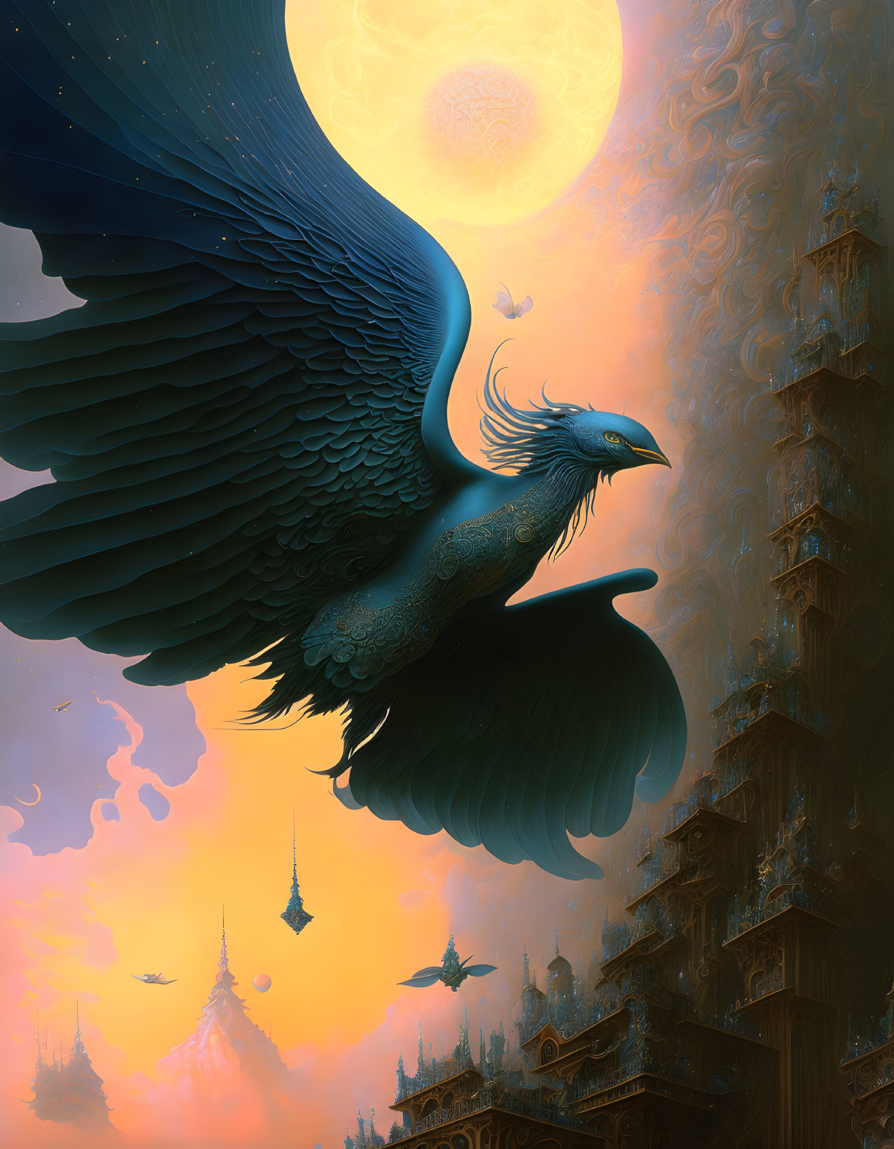 Blue phoenix flying near intricate tower under glowing sun