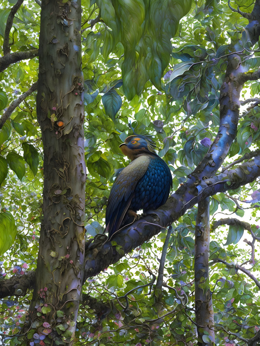 Vibrant blue feathered bird on mossy branch in lush green setting